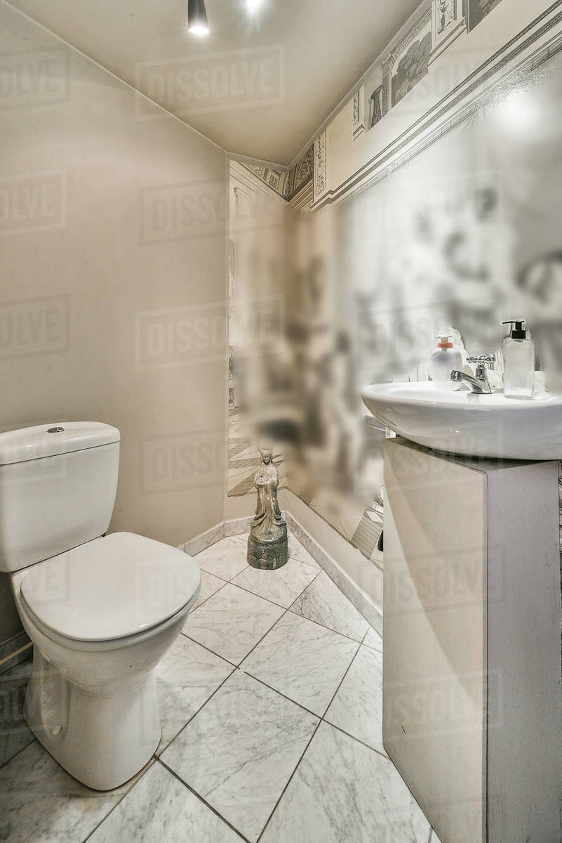 Interior design of small modern restroom with white toilet in corner