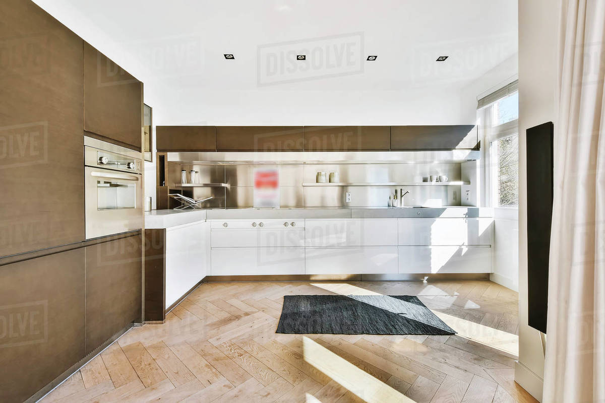Luxury house kitchen design with brown and white and parquet