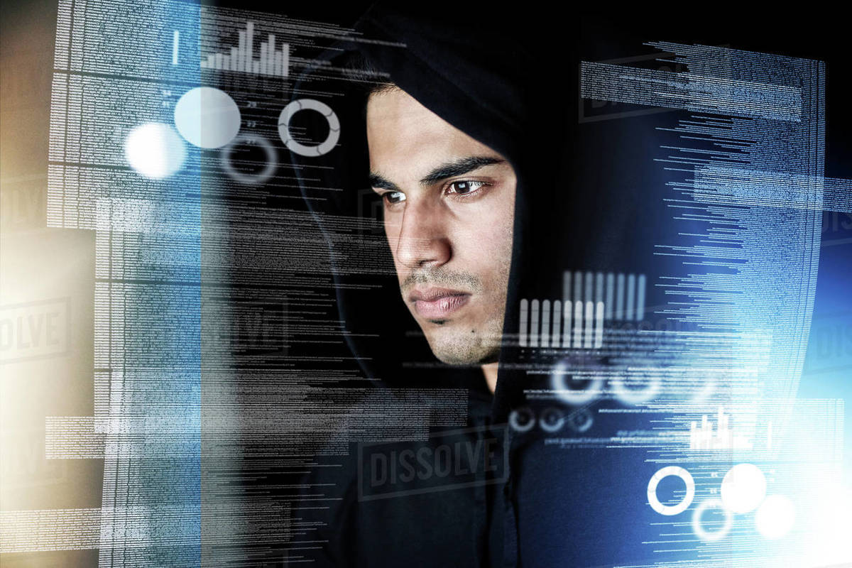 Data analysis, digital overlay and man, hacker or programmer in night ...