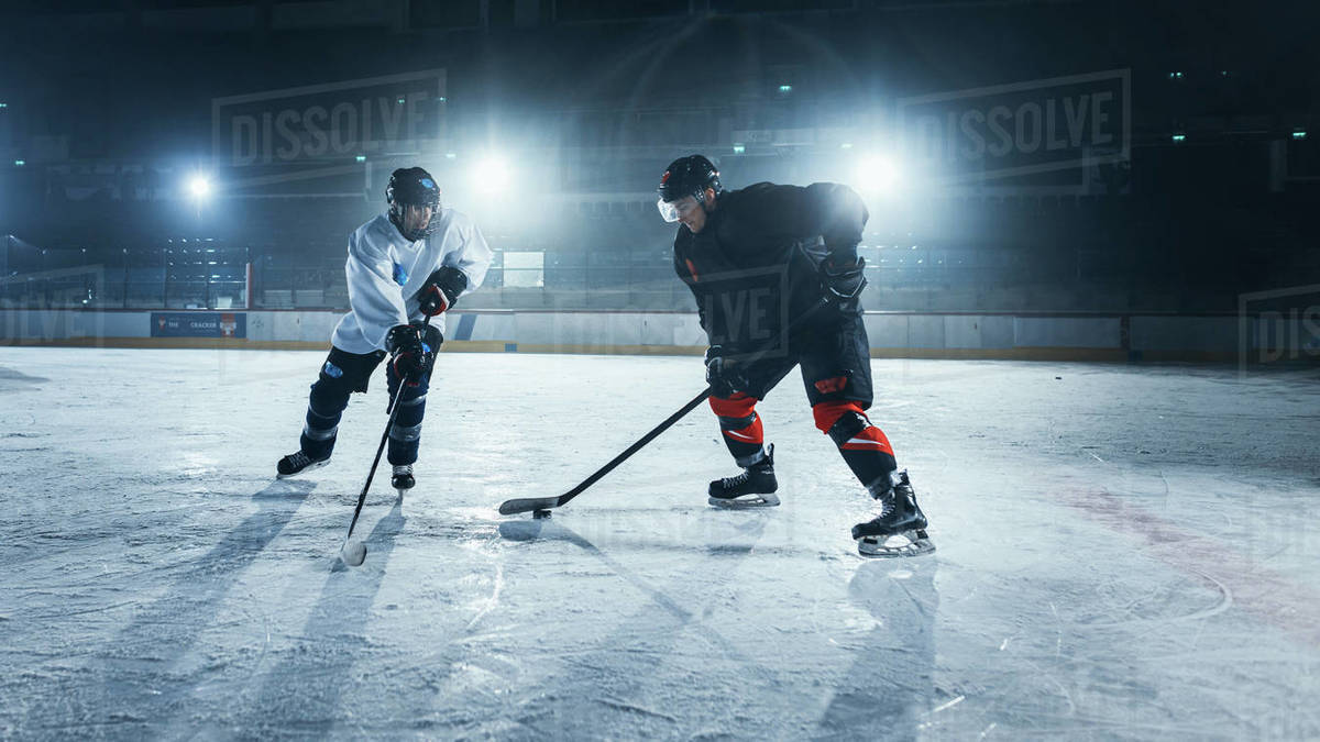 Ice Hockey Rink Arena Two Young Players Training, Learning Stick and
