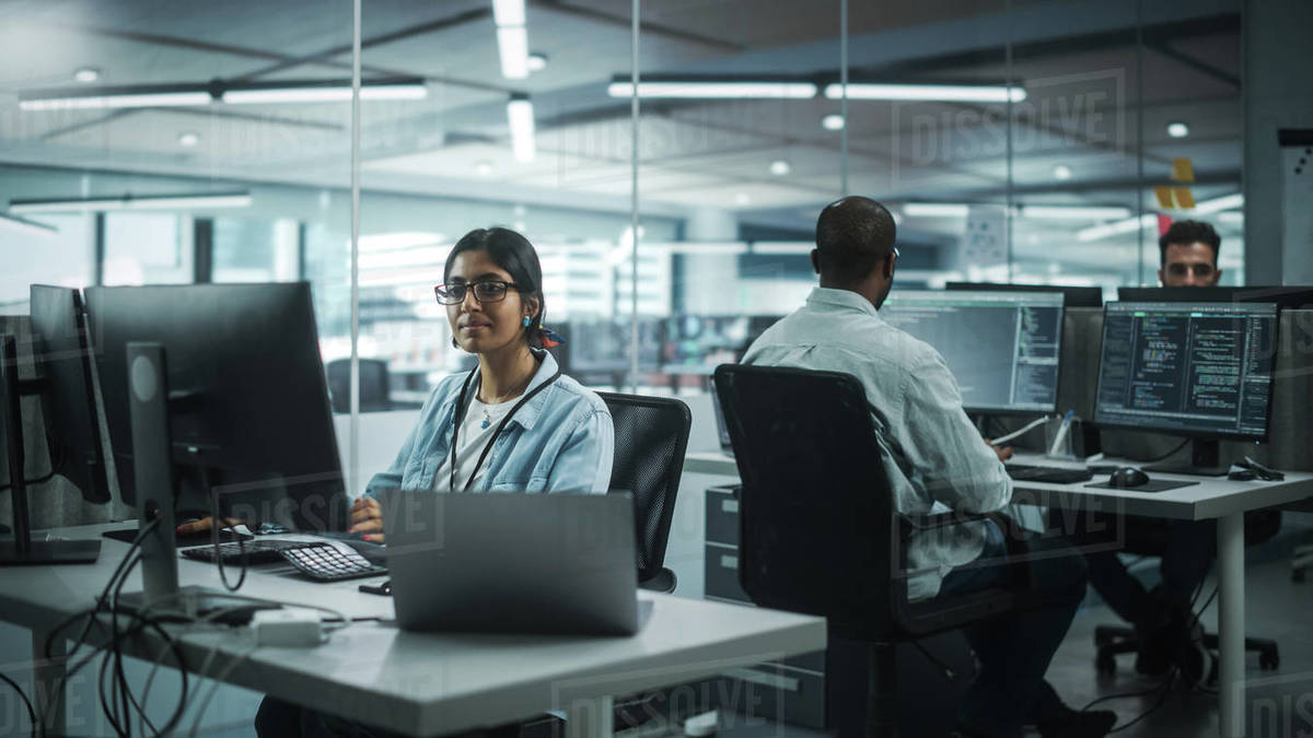 Diverse Office: Portrait of Talented Indian Girl IT Programmer Working ...