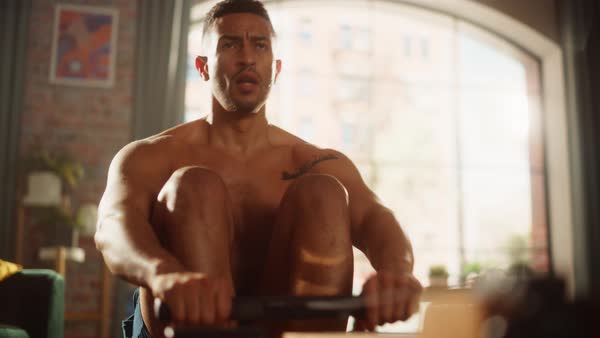 Strong Athletic Black Man Does Shirtless Workout at Home Gym ...