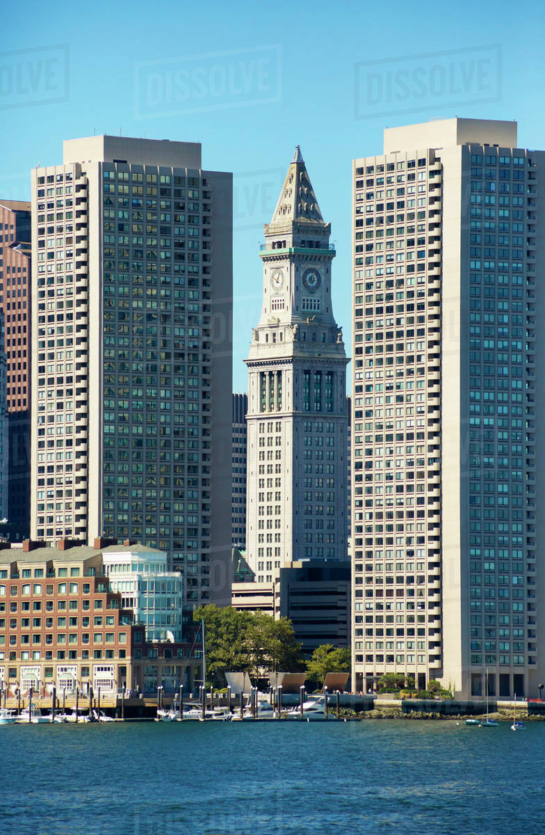 Boston Skyline As Seen From The Bay The Custom House Tower Is
