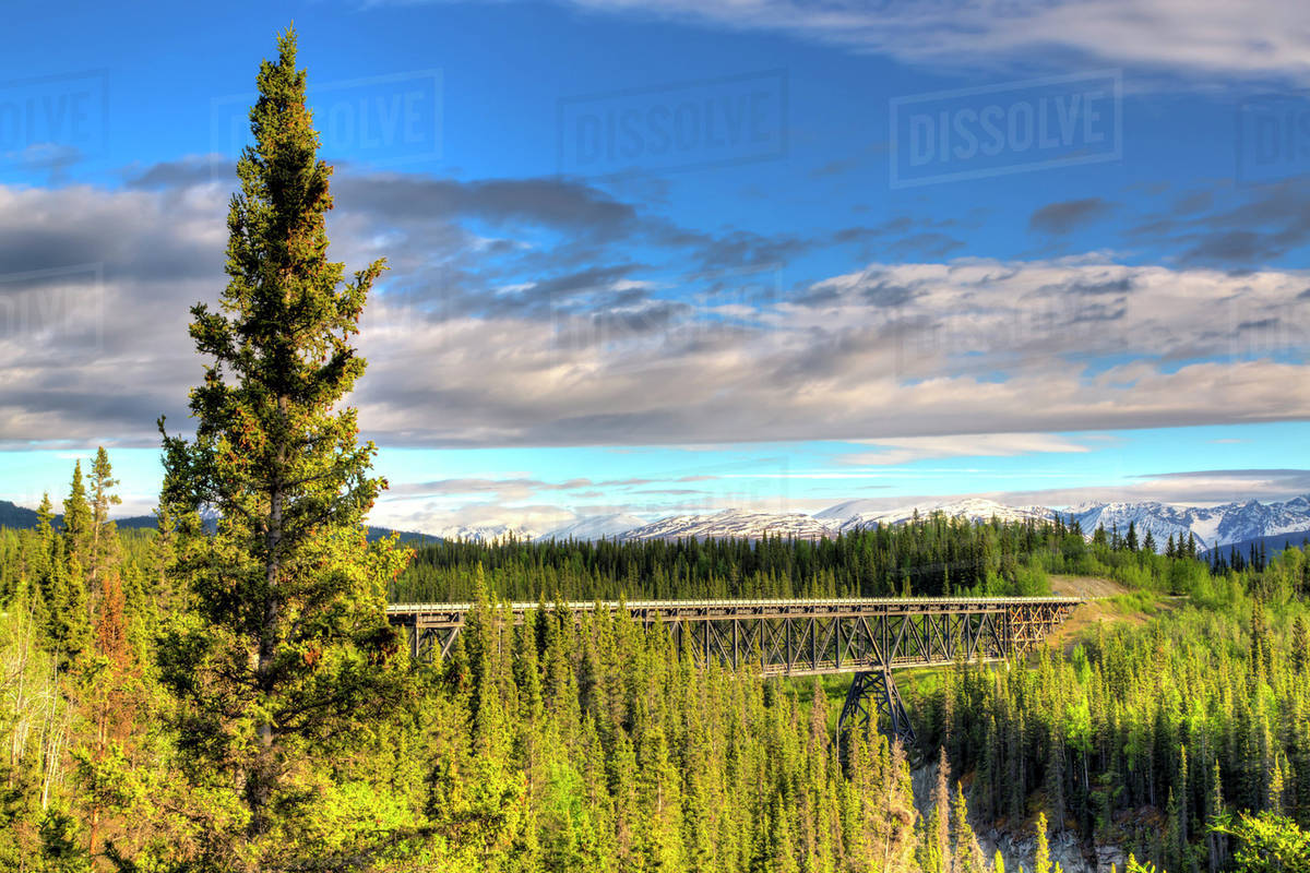 Scenic view of the Kuskulana River bridge on McCarthy Road in Wrangell