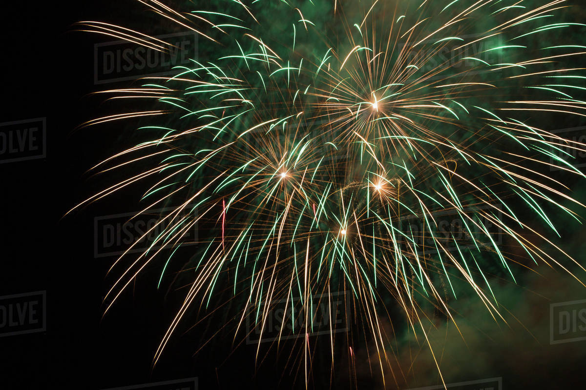 Colourful fireworks in the night sky; Port Colborne, Ontario, Canada