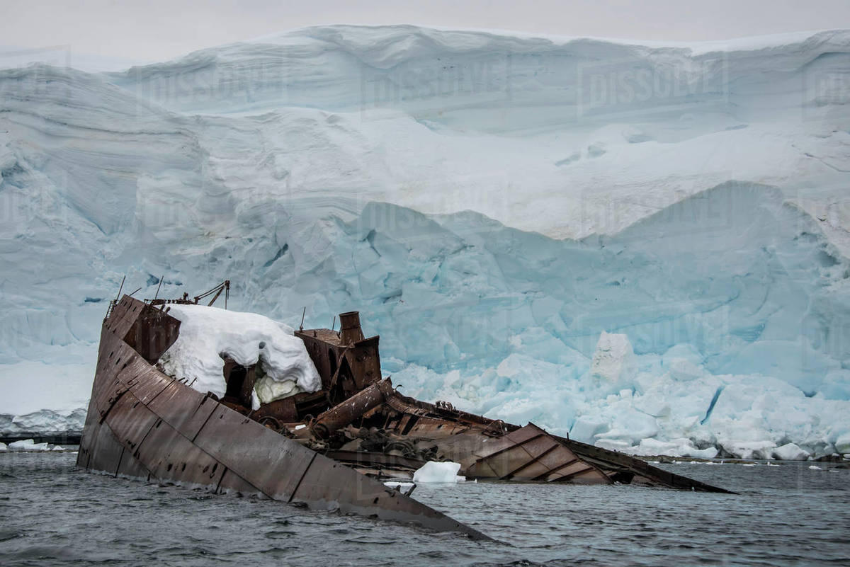 Wreckage of a century old whaling ship in the water along the shore at ...