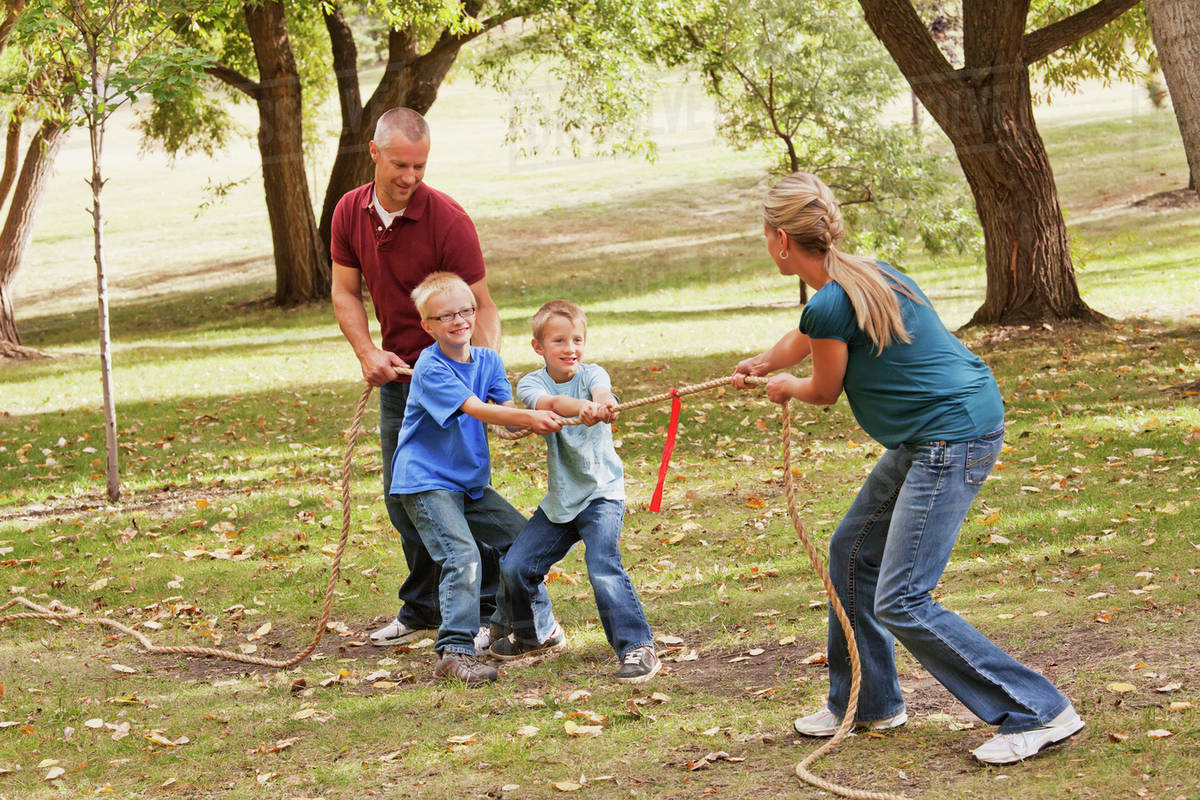 Mother Playing Tug Of War Against Husband And Sons Edmonton Alberta Canada Mother Playing Tug Of War Against Husband And Sons Edmonton Alberta Canada