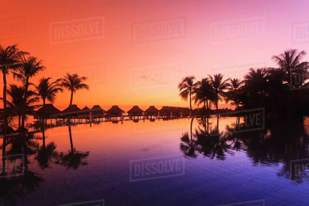 Sunset And Palm Trees Reflecting In A Pool At The Bora Bora Nui Resort And Spa Bora Bora Island Society Islands French Polynesia South Pacific Stock Photo Dissolve