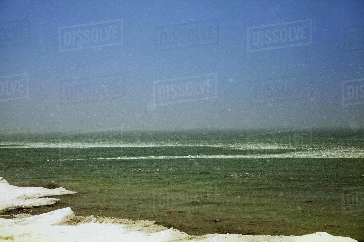 Jordan, Ontario, Canada; Snow On The Shore Overlooking The Lake Stock