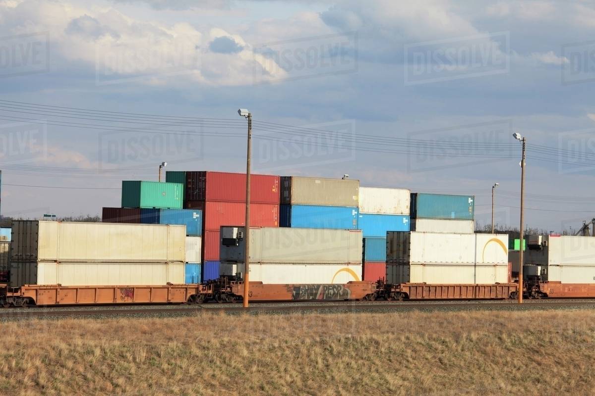 Cargo Containers On Railway Cars; Edmonton, Alberta, Canada Stock