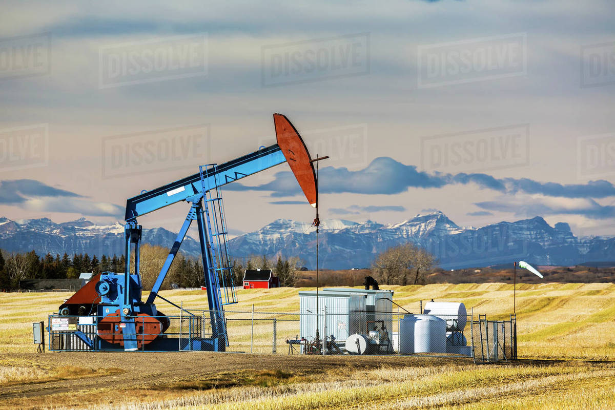 Colourful pump jack in cut canola stubble field with mountains in the