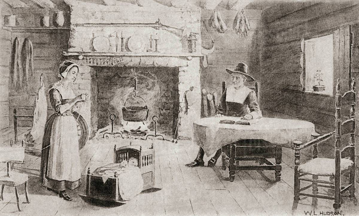Interior Of A New England Pioneer S Home In The 17th Century From
