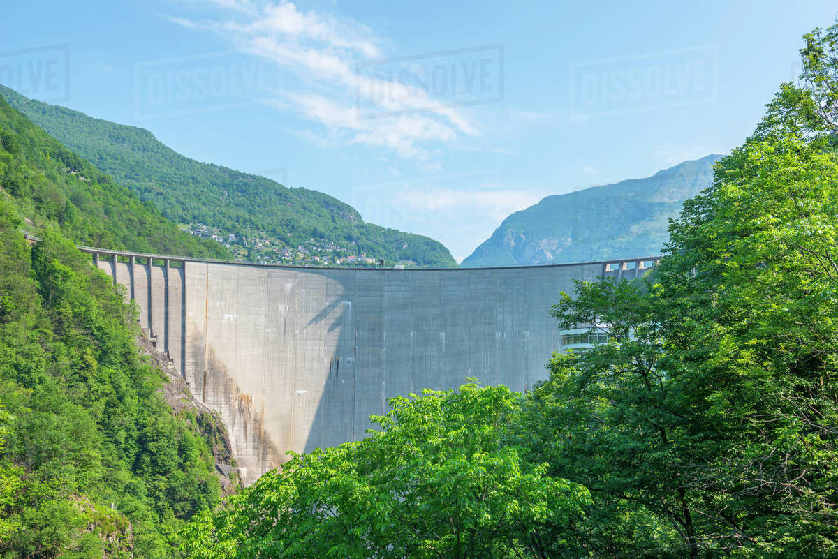 Water dam in valley verzasca; Locarno, Ticino, Switzerland Stock