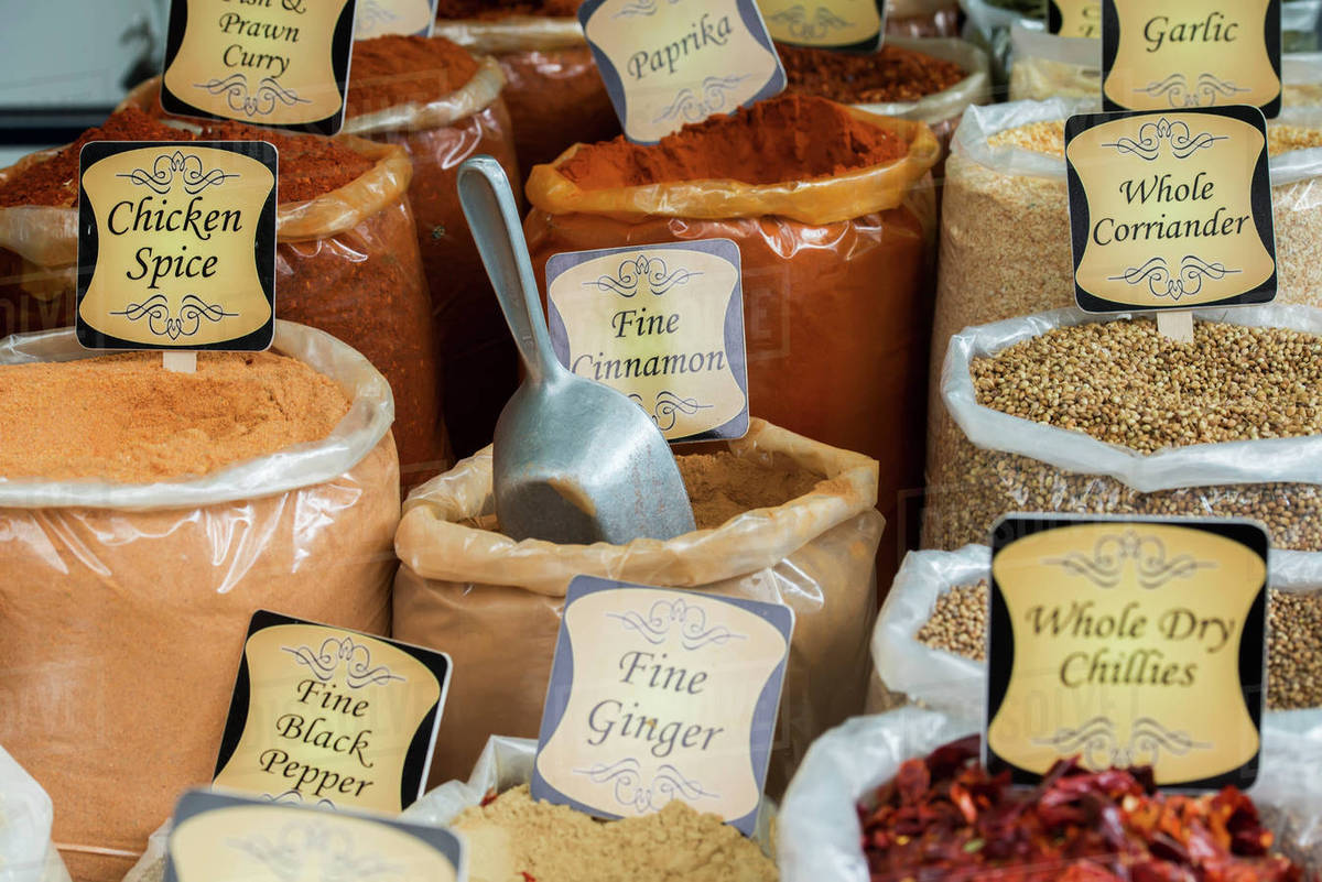 Various spices for sale at the market; Pretoria, Gautang, South Africa Stock Photo Dissolve