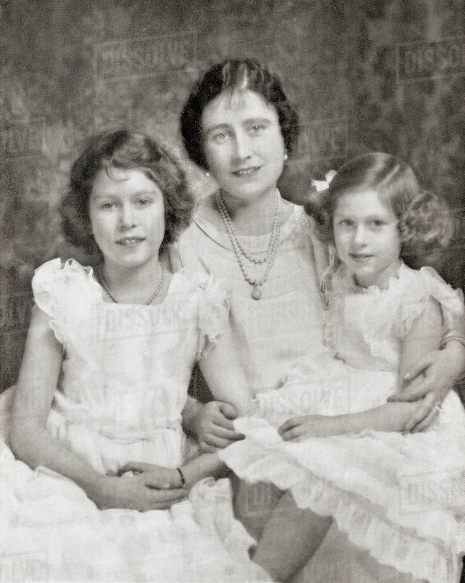 Queen Elizabeth With Her Daughters Princess Elizabeth, Future Queen Elizabeth Ii, Left And