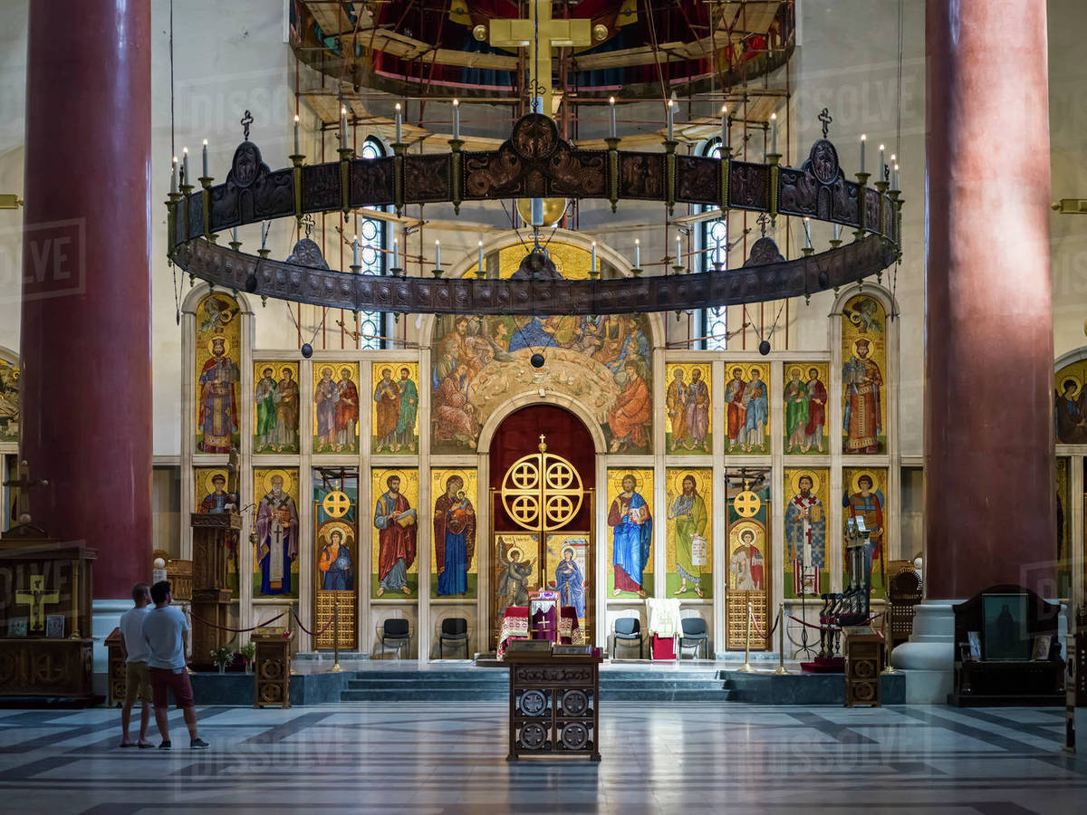Ornate interior and tourists inside St. Mark's Church, a Serbian ...