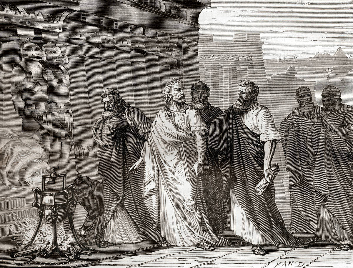 Hero demonstrating his aeolipile in front of the scholars of the school of Alexandria. An aeolipile aka aeolipyle, eolipile, or Heron's engine, is a simple bladeless radial steam turbine which spins when the central water container is heated. Hero of Alexandria, aka Heron of Alexandria; c. 10 AD – c. 70 AD. Greek mathematician and engineer. From Les Merveilles de la Science, published 1870. Rights-managed stock photo
