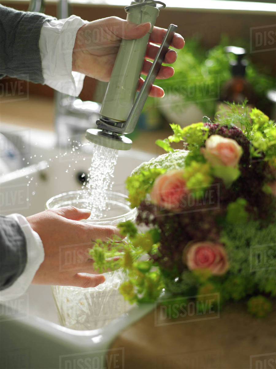 Woman hands filling vase with water at kitchen sink Stock Photo
