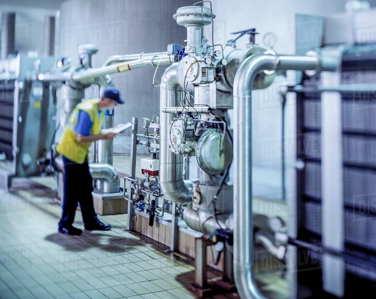Worker inspecting water filtration in brewery Stock Photo Dissolve
