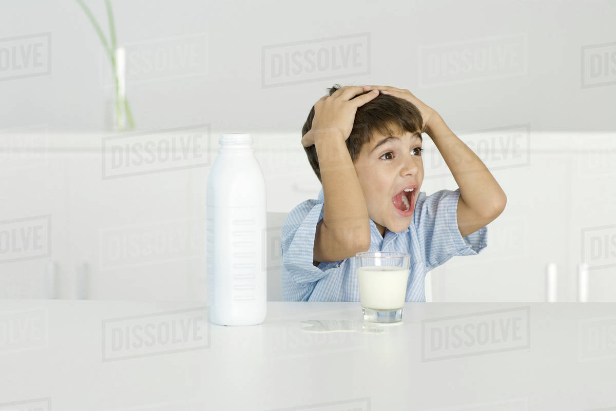 Boy with spilled milk, shouting, hands on head Stock Photo Dissolve