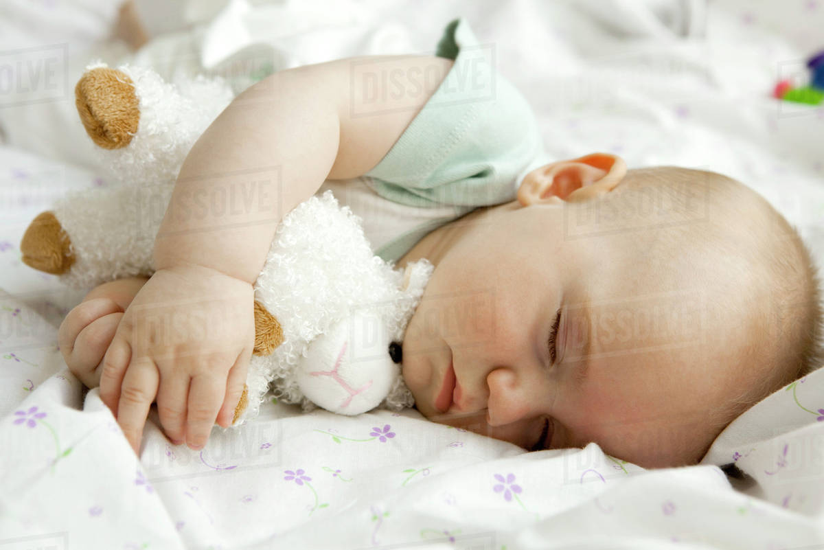 Infant sleeping with stuffed toy Stock Photo Dissolve