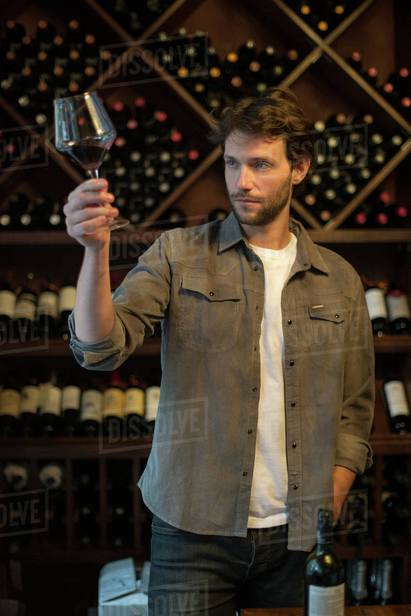 Wine connoisseur holding up glass of wine Stock Photo Dissolve