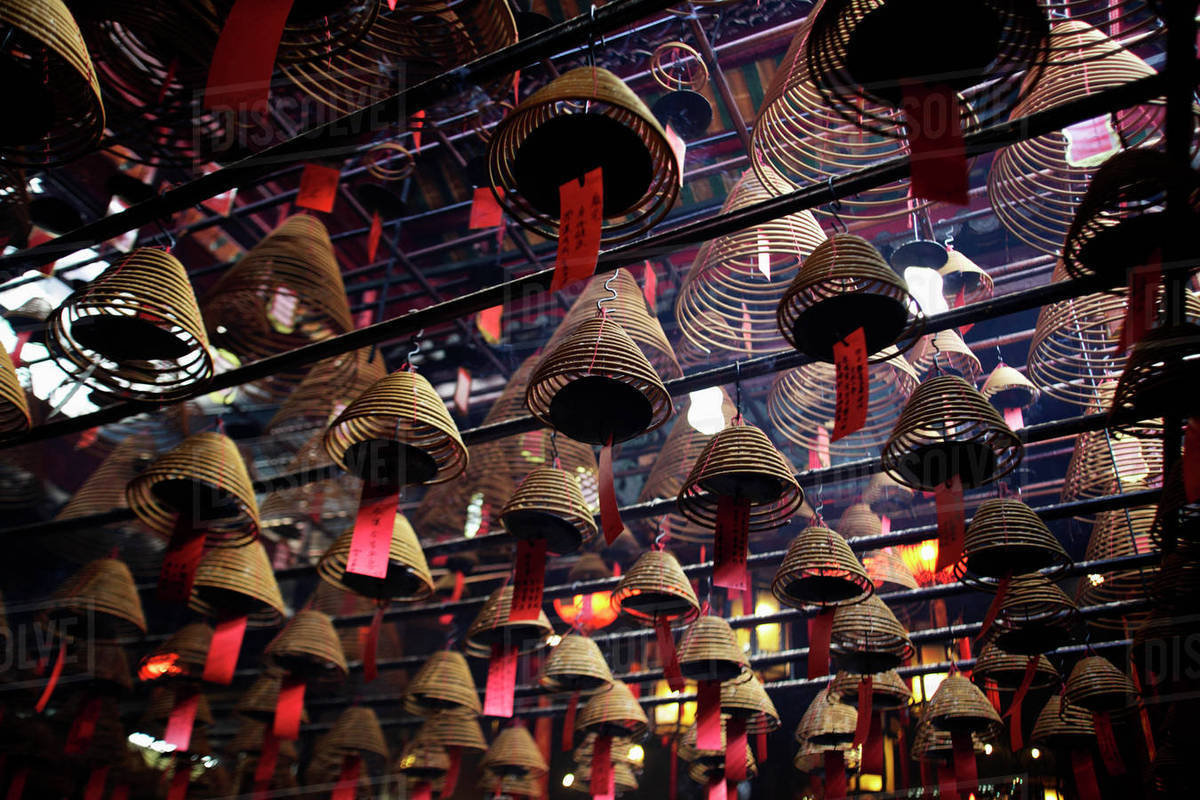 Incense Coils Hanging From Ceiling Of Man Mo Temple Hong Kong