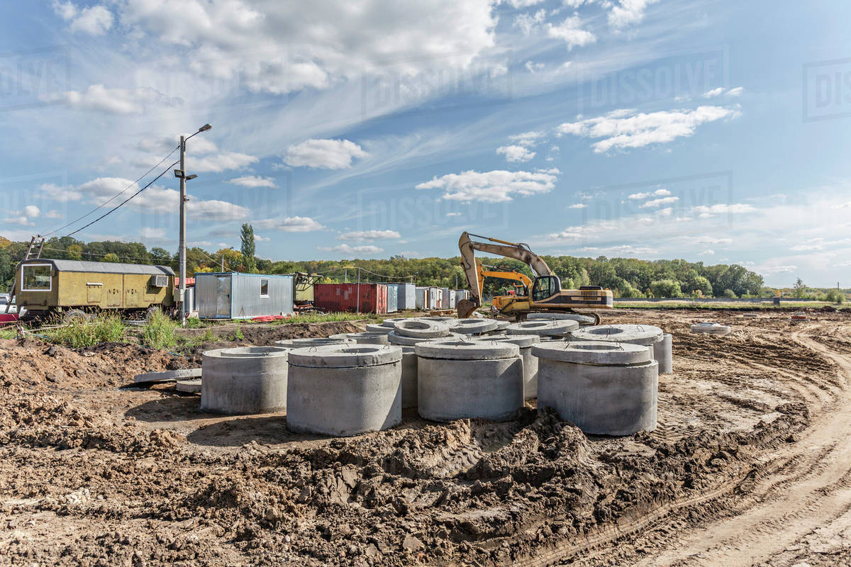 Concrete cylinders on construction site Stock Photo Dissolve