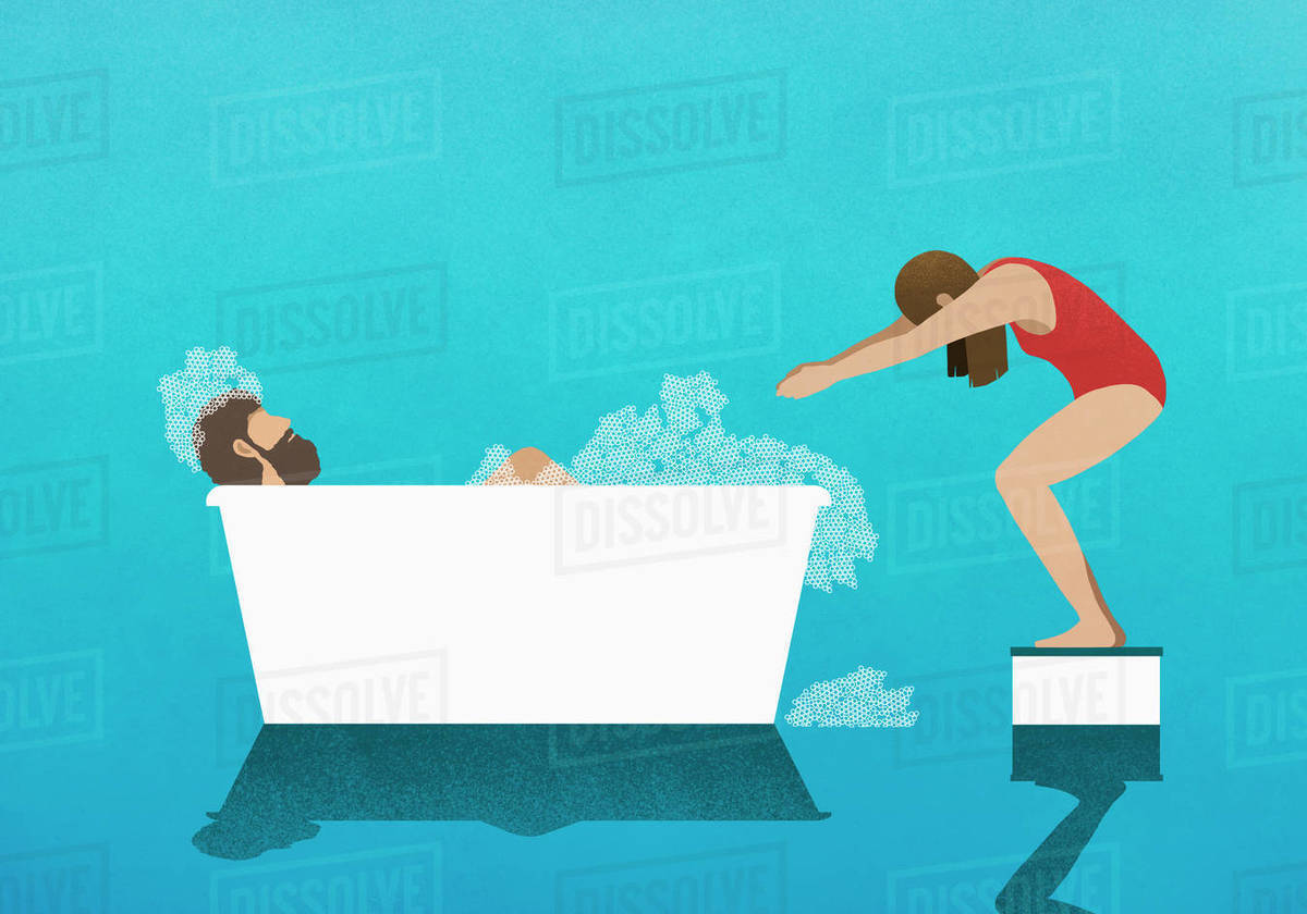 Wife on diving block preparing to dive into bubble bath with husband Royalty-free stock photo