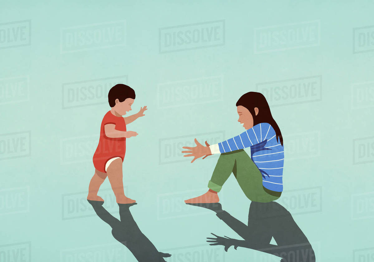 Baby taking first steps toward mother with arms outstretched Royalty-free stock photo