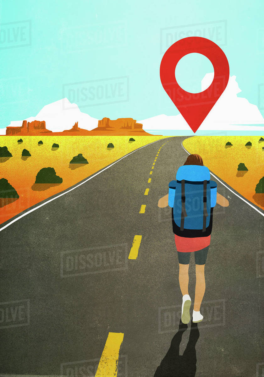 Map pin icon above woman backpacking on remote desert road Royalty-free stock photo