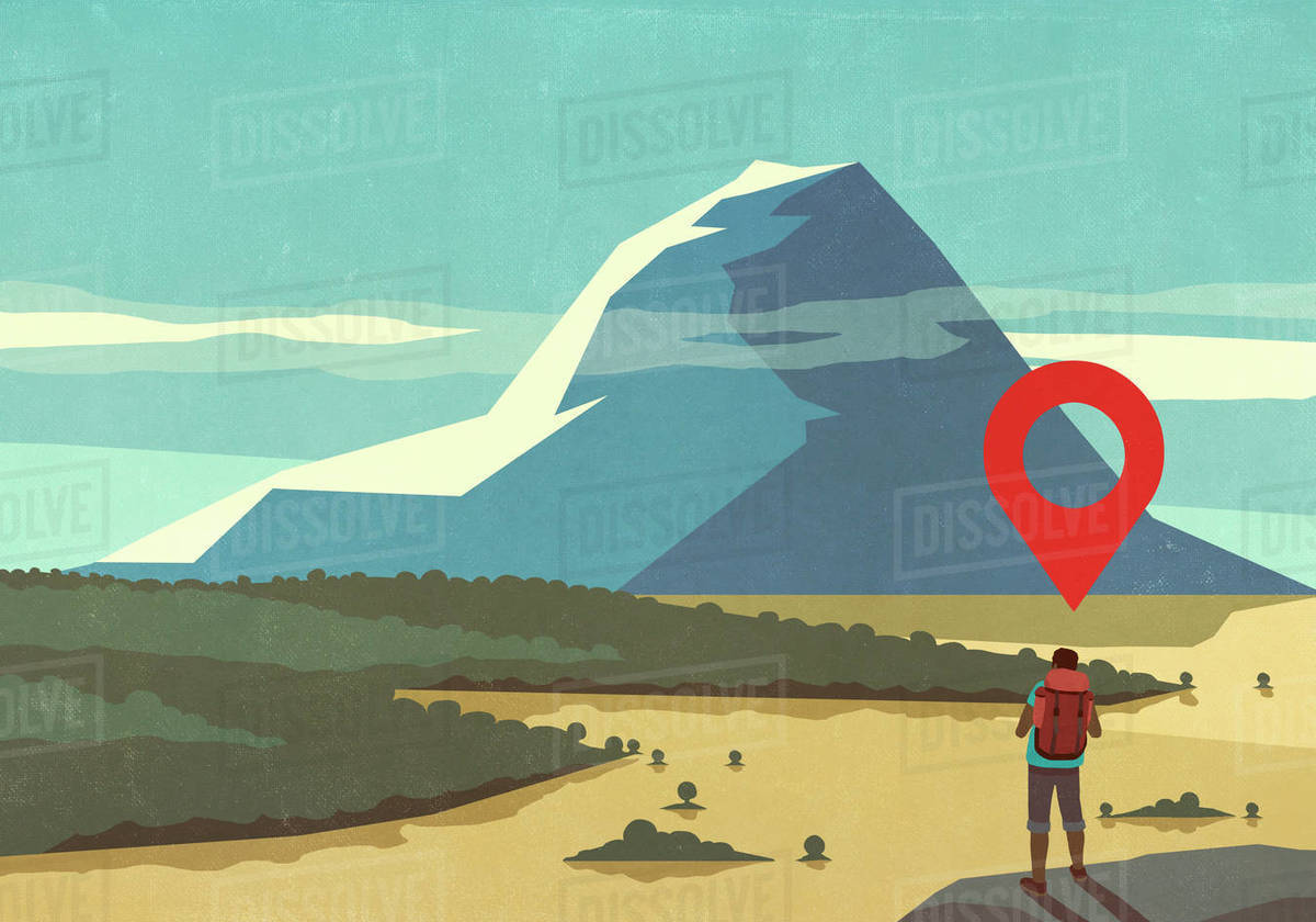 Map pin icon above man hiking, looking at majestic mountain landscape view Royalty-free stock photo